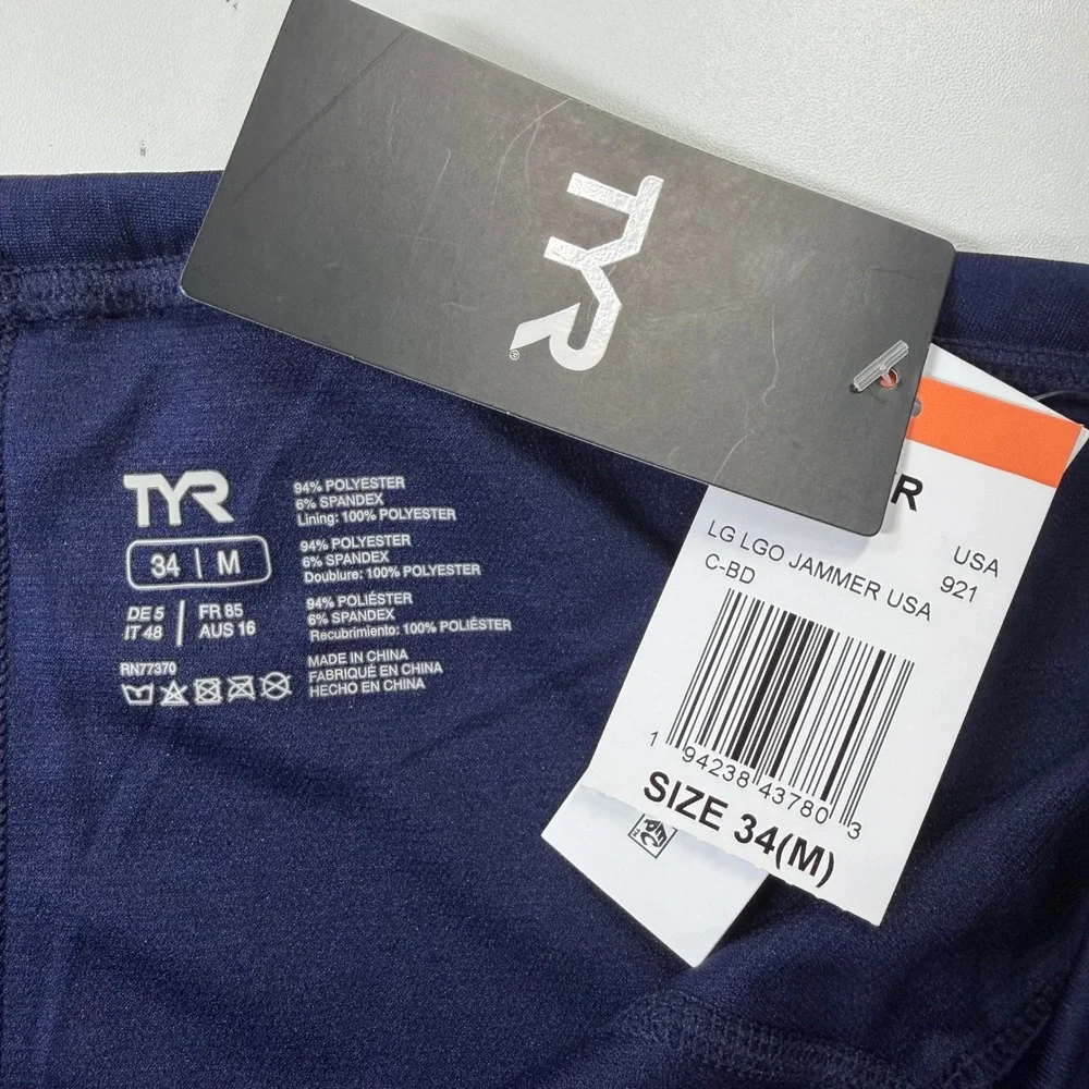 TYR Large Logo Jammer USA Men 34 Navy Blue Swim Trunks Durafast Elite Training